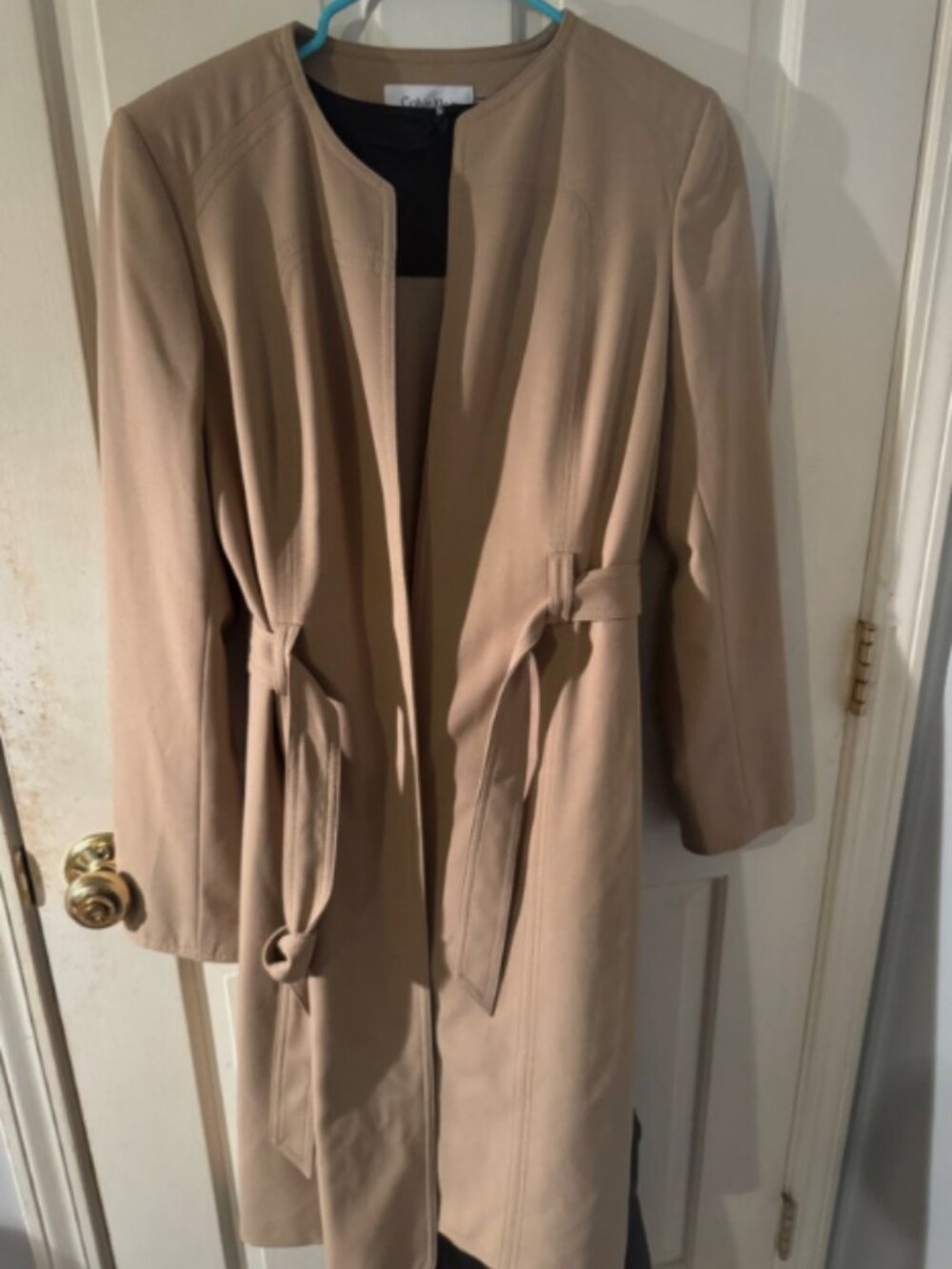 Calvin Klein Collarless Belted Trench Coat with Sleeveless Dress